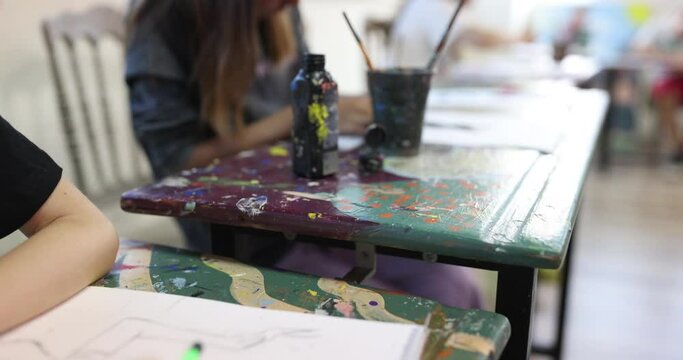 Children studio teaching drawing and painting closeup