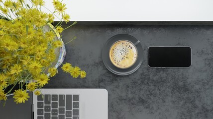 3d render high angle view cup coffee with smartphone on desk place of work wallpaper backgrounds