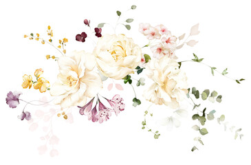 Set watercolor arrangements with garden flowers. bouquets with pink, yellow wildflowers, leaves, branches. Botanic illustration isolated on white background.