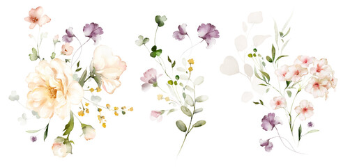 Set watercolor arrangements with garden flowers. bouquets with pink, yellow wildflowers, leaves, branches. Botanic illustration isolated on white background. - obrazy, fototapety, plakaty