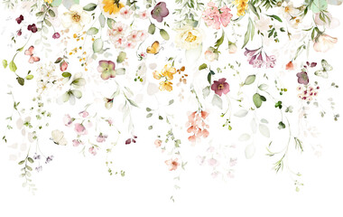 watercolor arrangements with garden flowers. bouquets with pink, yellow wildflowers, leaves, branches. Botanic illustration isolated on white background. - obrazy, fototapety, plakaty