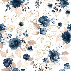 seamless floral watercolor pattern with garden flowers roses, wildflowers, leaves, branches. Botanical tile, background. - 514343050