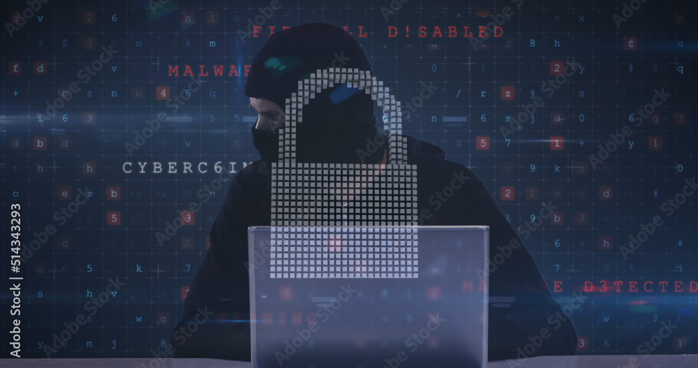 Poster image of cyber attack warning over online security padlock and hacker