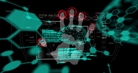 Image of chemical formulas and data processing over fingerprints on black background