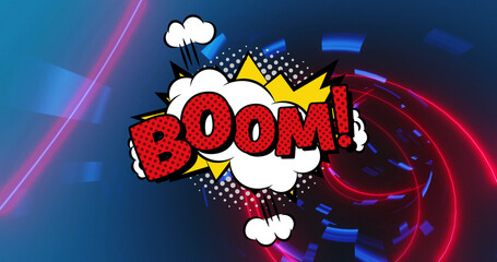 Image of boom text on retro speech bubble over neon shapes on blue background