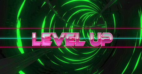 Image of level up text over moving digital tunnel