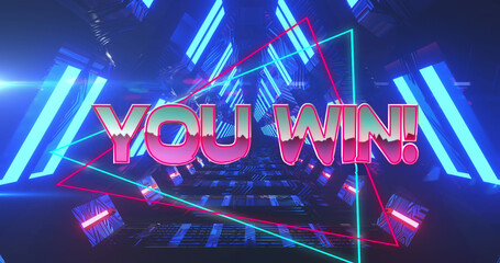 Image of you win text over moving digital tunnel