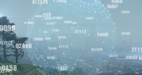 Image of data processing and globe of connections over cityscape