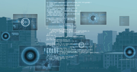 Multiple round scanners and data processing against aerial view of cityscape