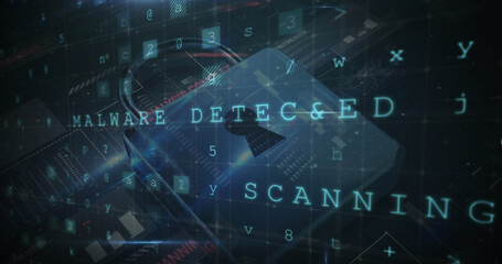 Fototapeta na wymiar Image of scanning, numbers and online security padlock