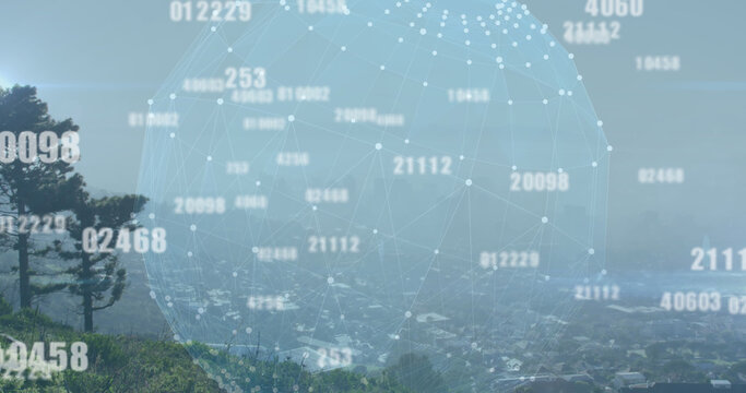 Image of data processing and globe of connections over cityscape