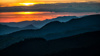 Fototapeta na wymiar Sunset from the Prislop Pass, Rodna (Rodnei) Mountains, Carpathians, Romania.