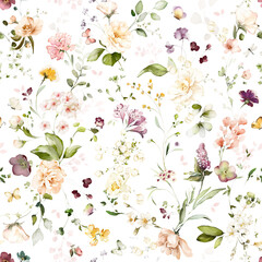 seamless floral watercolor pattern with garden flowers roses, wildflowers, leaves, branches. Botanical tile, background. - 514343606