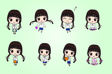 Girl in school uniform with many gestures.