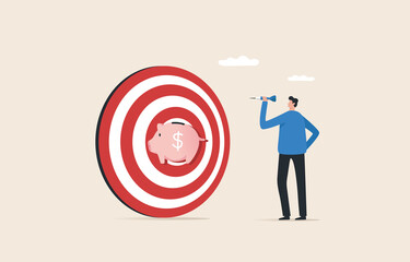 Set Savings Goals. Choose a specific savings goal.  Make a clear financial plan for saving. A young man throws a dart at the piggy bank.