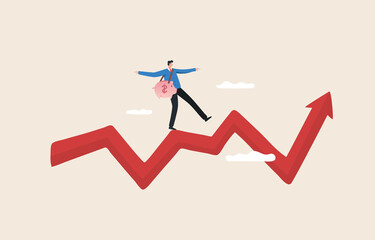 Investment volatility. Risk of stock market or crypto other assets. Preserving capital in a sluggish economic crisis..Businessman standing on a stock market graph with piggy bank.