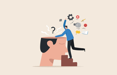 Change mindset or attitude. Create A Positive Mindset, For all things good. Coaching and Mentoring. .Young man cleaning his brain.