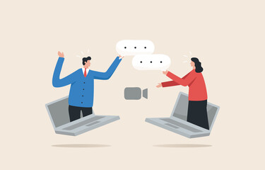 Video conference meeting. Remote work collaboration. Online meeting. .Long distance negotiations. Young man and woman video chat on laptop.