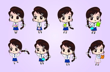 Girl in school uniform with many gestures.