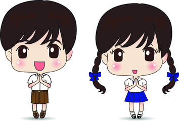 Vector illustration character portrait of full length of boy student and girl student standing and praying, this is traditional Thai greeting manner in Thailand.