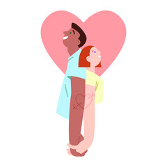 Happy young couple in love having romantic photoshoot. Man and woman are smiling and holding each other hands on the pink heart background. People in love. Valentines postcard.