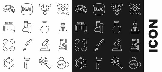 Set line Mineral Ca Calcium, Test tube flask on stand, Alcohol or spirit burner, Molecule, with toxic liquid and icon. Vector