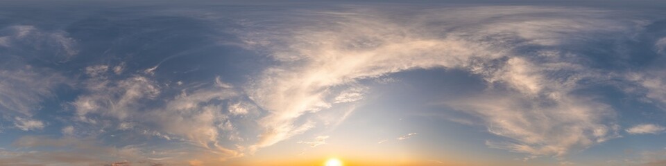 Blue sunset sky panorama with puffy Cumulus clouds. Seamless hdr pano in spherical equirectangular format. Complete zenith for 3D visualization, game and sky replacement for aerial drone 360 panoramas