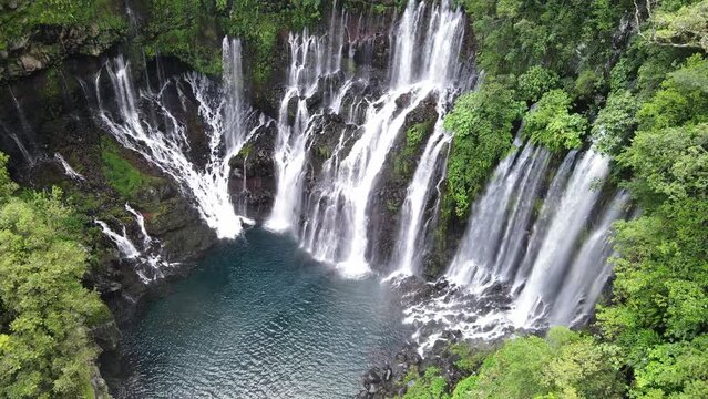 Top-down drone footage of the Langevin waterfall at the Reunion island.