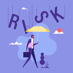 Property and capital insurance, man with umbrella stands over piggy bank, metaphor for protecting against risk of losing saving, cartoon flat vector illustration, fund safety from financial crisis con