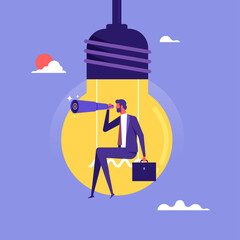 Search and brainstorm concept, creativity and imagination to create, inspiration for new idea, motivated man sitting on swing inside light bulb idea using telescope search new idea