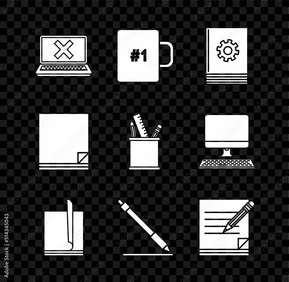 Sticker Set Laptop and cross mark on screen, Coffee cup, User manual, File document, Pen line, Blank notebook pencil with eraser, and Pencil case stationery icon. Vector