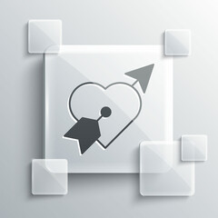 Grey Amour symbol with heart and arrow icon isolated on grey background. Love sign. Happy Valentines day. Square glass panels. Vector