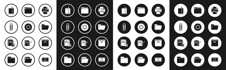 Set Printer, Scotch, Paper clip, File document, Document folder, Carton cardboard box and Delete file icon. Vector