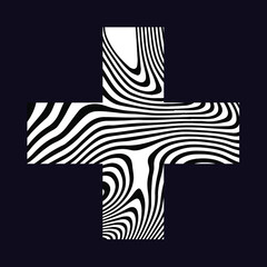 Black and white cross with glitched wavy texture. Abstract geometric illustration in op-art style.