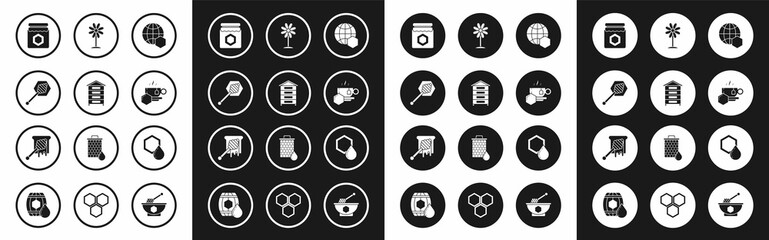 Set Honeycomb map of the world, Hive for bees, dipper stick, Jar honey, Cup tea with, Flower, and dripping icon. Vector