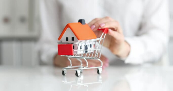 Classic model of house in shopping cart is moved by realtor