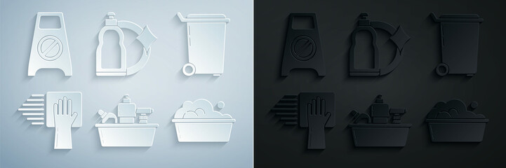 Set Plastic bottles for liquid dishwashing liquid, Trash can, Cleaning service, basin with soap suds, and Wet floor and cleaning progress icon. Vector