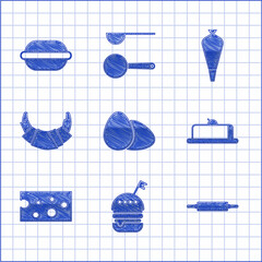 Set Chicken egg, Burger, Rolling pin, Strawberry cheesecake slice, Cheese, Croissant, Pastry bag for decorate cakes and Macaron cookie icon. Vector
