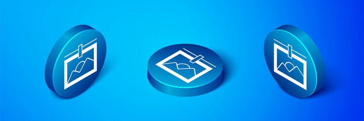 Isometric Photo frame icon isolated on blue background. Vintage empty photos frame. Blue circle button. Vector