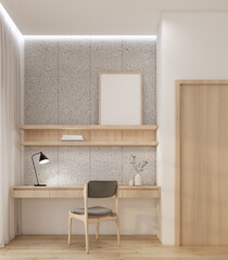 modern working room interior design with wood desk and shelf and stone wall decorated 3d render