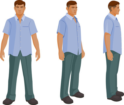Male character turnaround Side, front, and One third front views