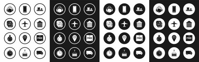 Set Conveyor belt with cardboard box, Plane, Pizza in, Support operator touch, Closed warehouse, Mobile phone app delivery tracking, Cardboard free symbol and Worldwide icon. Vector