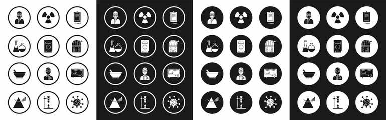 Set Clipboard with document, Book, Test tube and flask chemical laboratory, Assistant, Astronomical observatory, Radioactive, Electrical measuring instruments and Mortar pestle icon. Vector