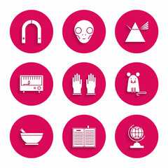 Set Rubber gloves, Open science book, Earth globe, Rat, Mortar and pestle, Electrical measuring instruments, Light rays prism and Magnet icon. Vector