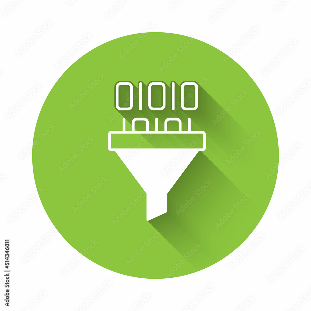 Poster white binary code icon isolated with long shadow background. green circle button. vector