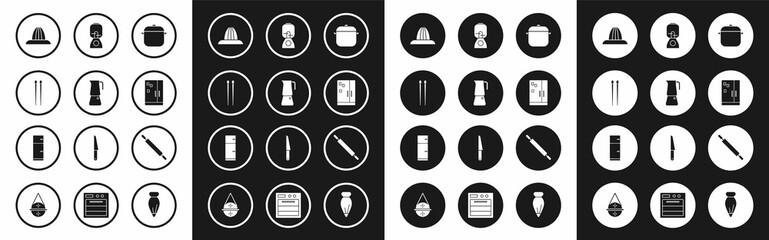 Set Cooking pot, Moka, Food chopsticks, Citrus fruit juicer, Refrigerator, Blender, Rolling pin and icon. Vector
