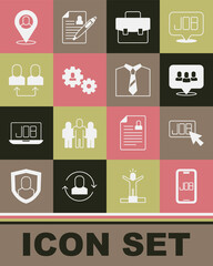 Set Search job, Project team base, Briefcase, Human with gear, Exchange work, Worker location and Tie icon. Vector
