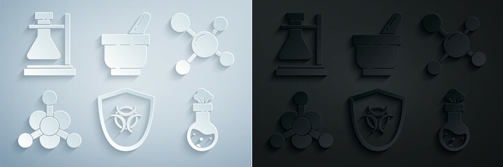 Set Biohazard symbol on shield, Molecule, Bacteria, Test tube and flask chemical, Mortar pestle and stand icon. Vector