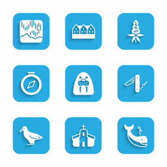 Fototapeta premium Set Walrus animal, Church building, Whale, Swiss army knife, Albatross, Compass, Lupine flower and Northern lights icon. Vector