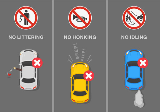 Traffic regulation tips and rules. Signs and road markings meaning. "No littering", "no honking" and "no idling" signs. Top view of city road. Flat vector illustration template.